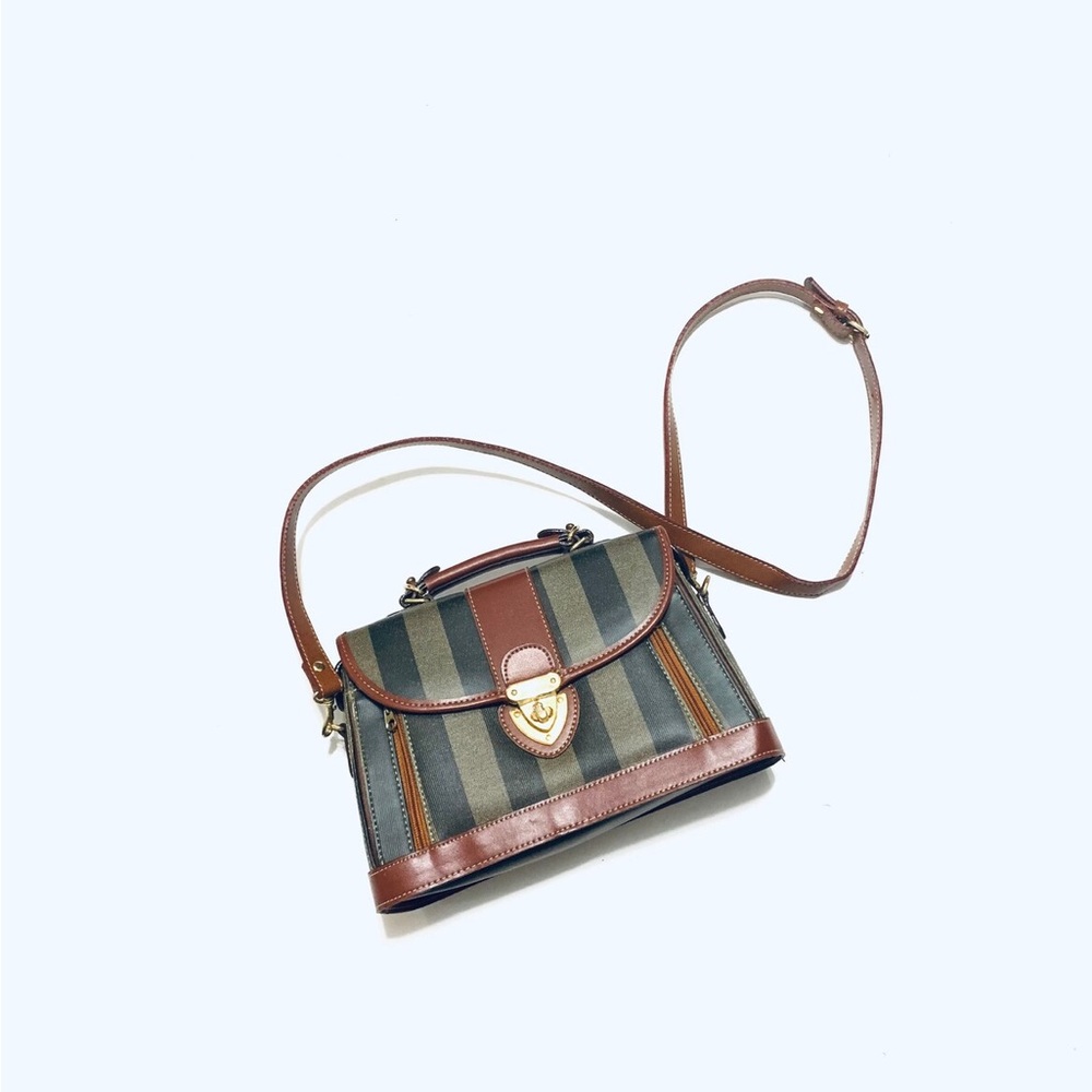 1980’s Vintage Structured Shoulder Bag - Striped Black, Grey and Brown